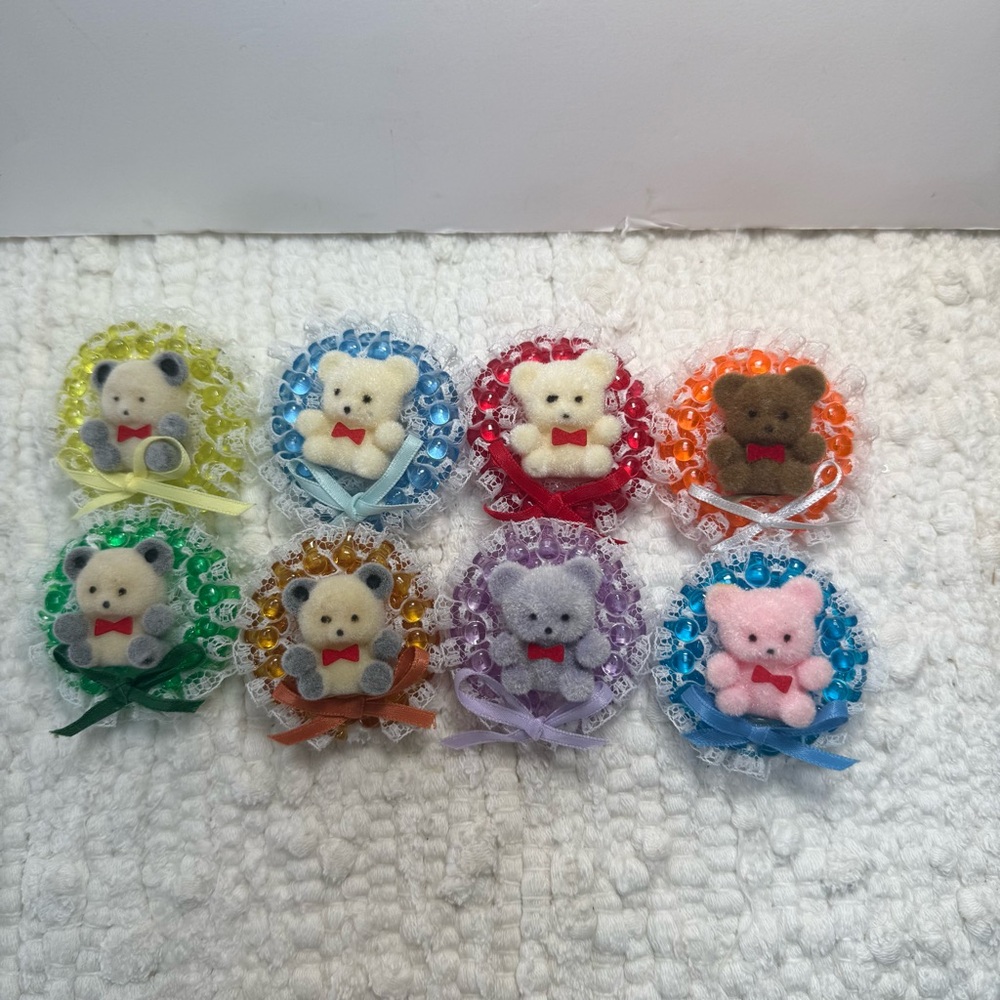 Vintage Set 8 Handmade Beaded Flocked Teddy Bear Pins Lace Coquette Cottagecore